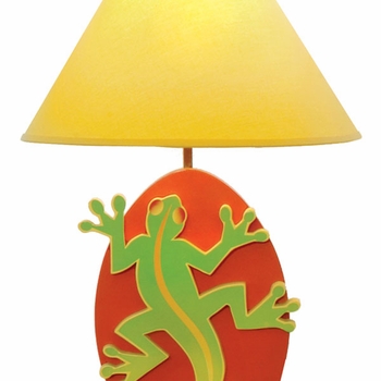 Yellow and orange kids lamp with a green lizzard on